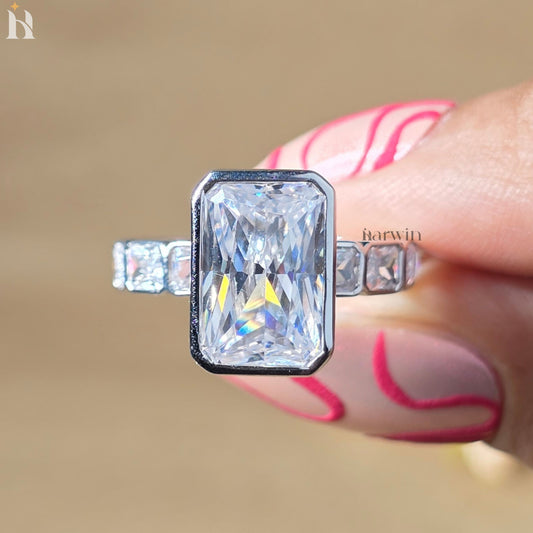 5CT Radiant Cut Moissanite Ring, Bezel Set Modern Solitaire Ring with Radiant Cut Band