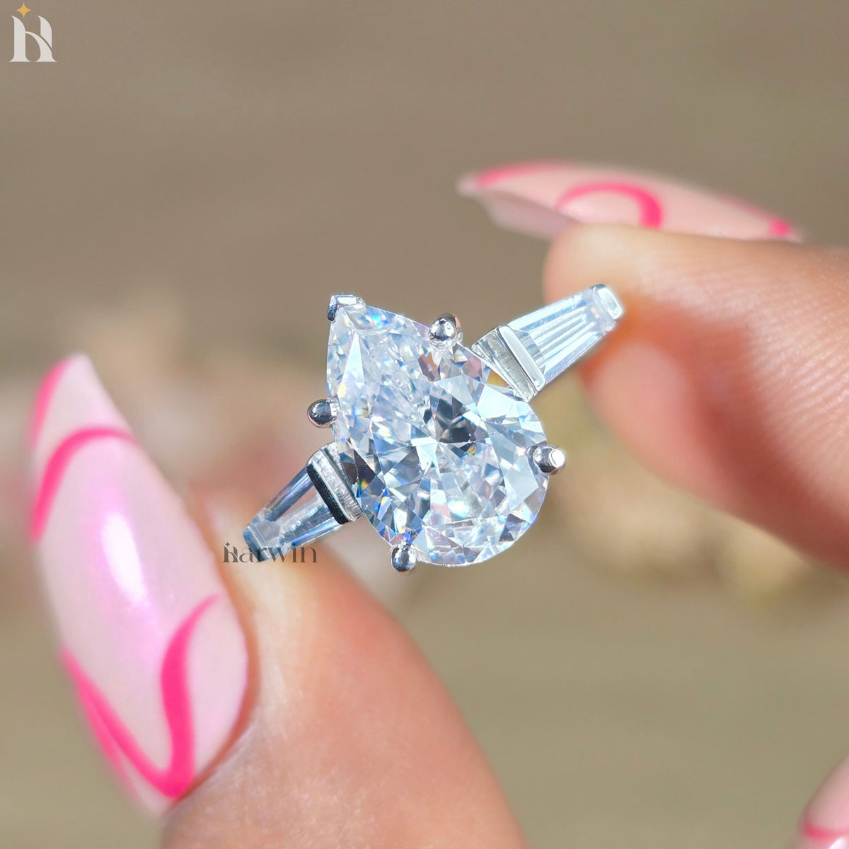 3CT Pear Cut Moissanite Engagement Ring, Tapered Baguette Side Stones