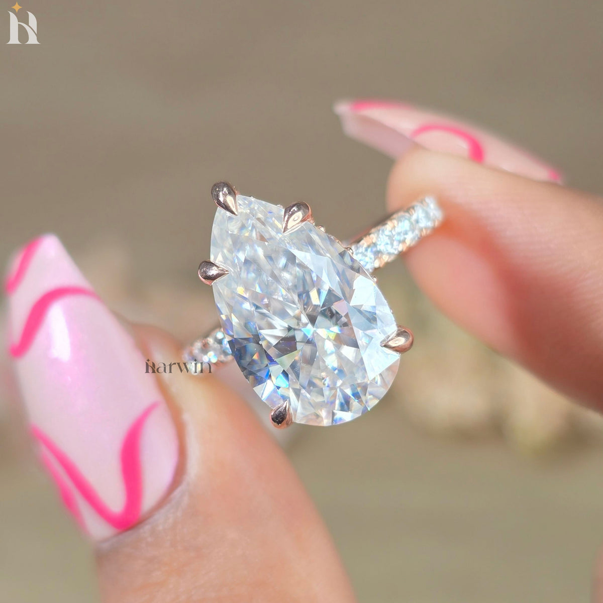 6CT Pear Moissanite Hidden Halo Engagement Piece 14k Rose Gold Pave Bridal Jewelry