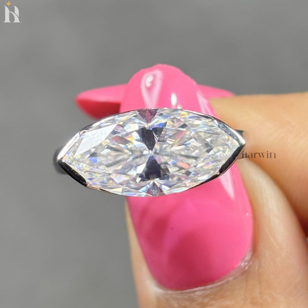 4CT Marquise Cut Lab Grown Diamond East-West Half Bezel Set Sterling Silver Solitaire Ring