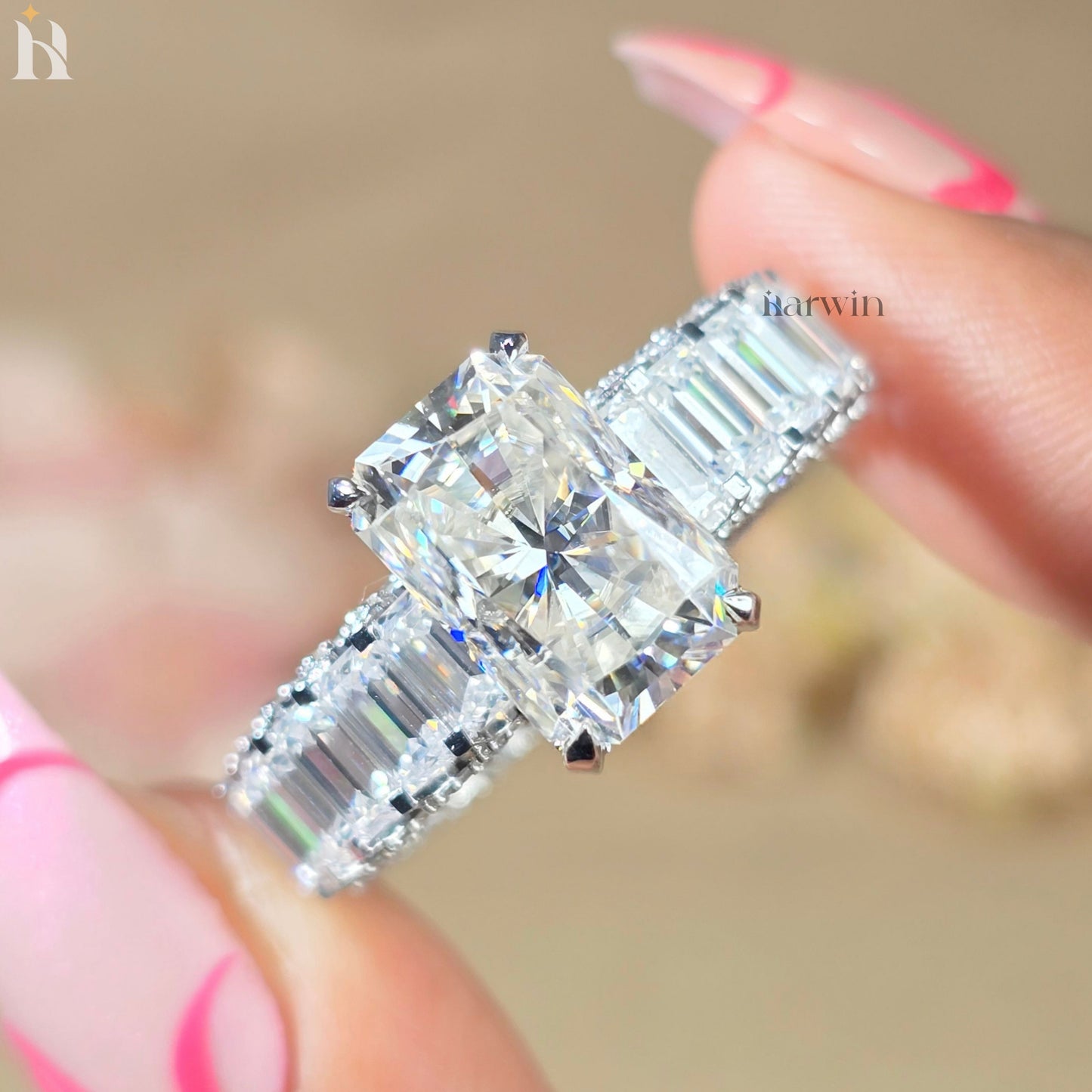 5CT Radiant Moissanite Engagement Ring Micro pave Eternity Band white Gold Heiress Wedding Set