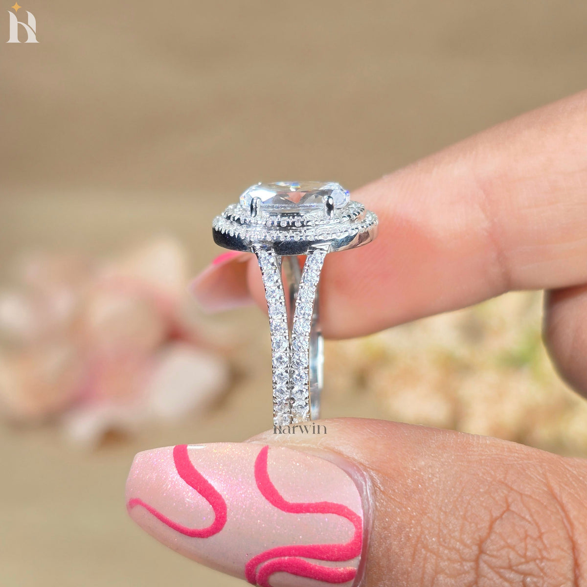 Double Halo Oval Center Stone Engagement Ring Bridal Diamond Ring