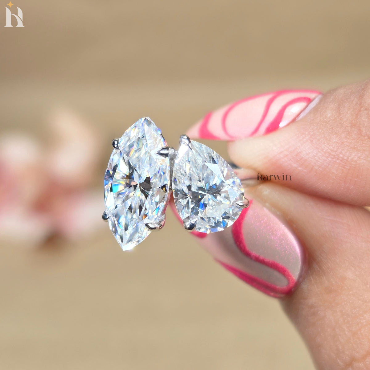 3CT Marquise & 2CT Pear Cut Moissanite Toi Et Moi Ring, Two Stone Engagement Ring