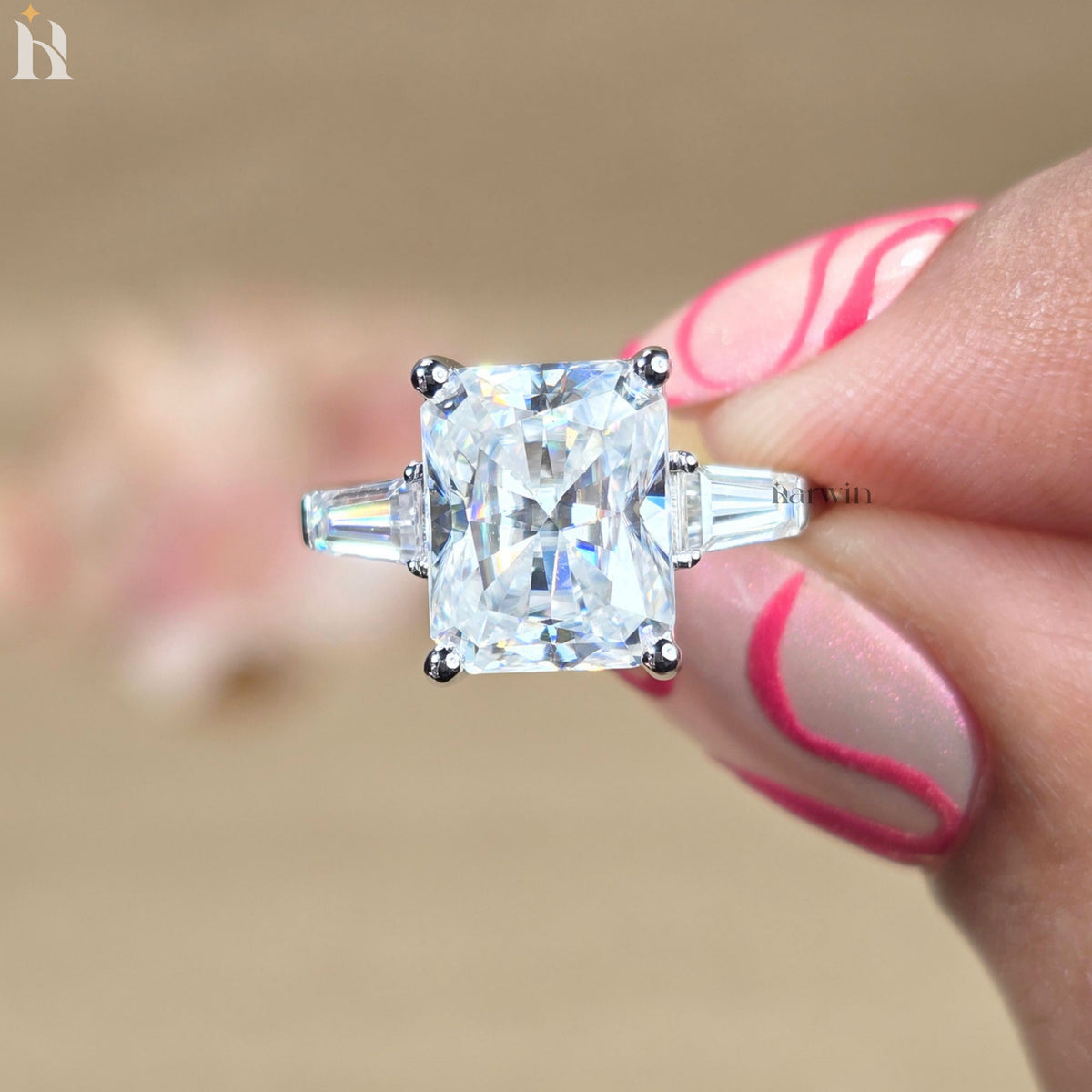 4CT Radiant Cut Moissanite Three Stone Ring Tapered Baguette White Gold Engagement Ring