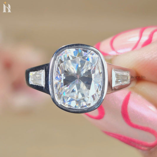 5CT Cushion Cut Moissanite Bezel Three Stone Ring Tapered Baguette Yellow Gold Engagement