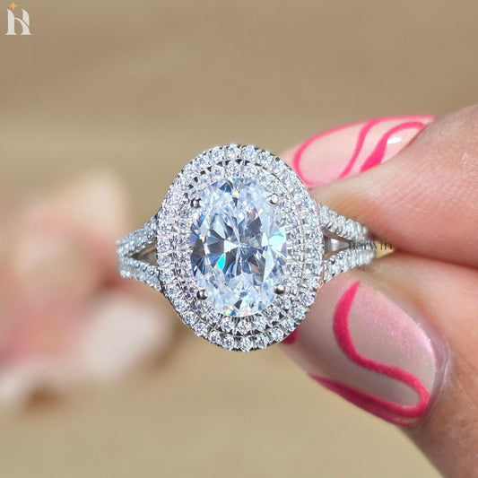 Double Halo Oval Center Stone Engagement Ring Bridal Diamond Ring
