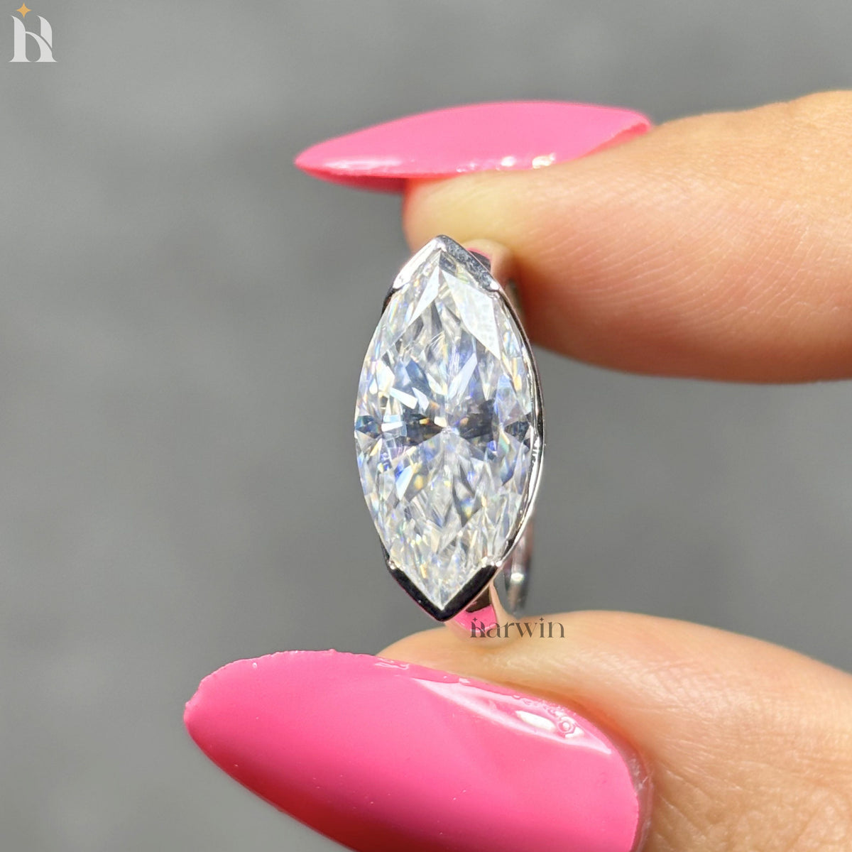 4CT Marquise Cut Lab Grown Diamond East-West Half Bezel Set Sterling Silver Solitaire Ring