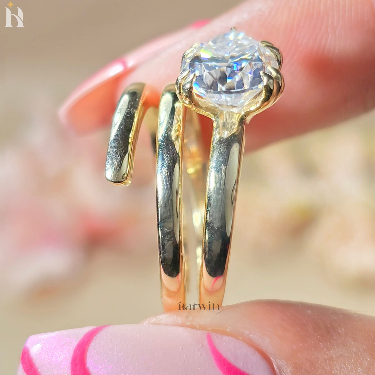 2.5CT Pear Moissanite Spiral Engagement Ring Gold Modern Bridal Ring