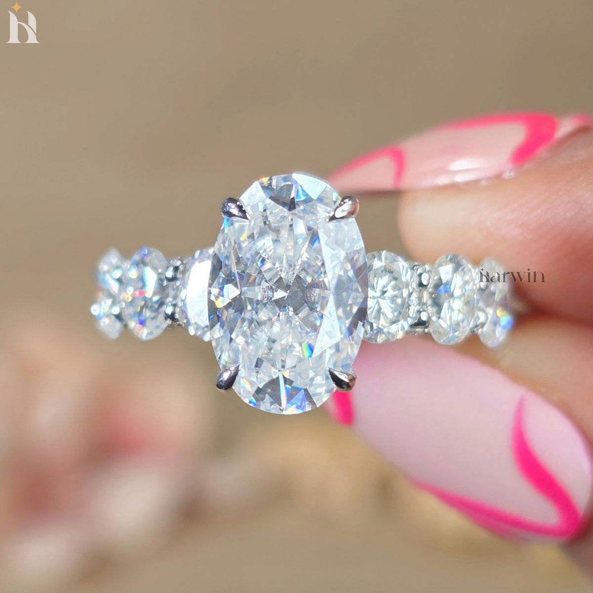 4 CT Oval Moissanite Halo Ring, 14K Solid White Gold Engagement Band