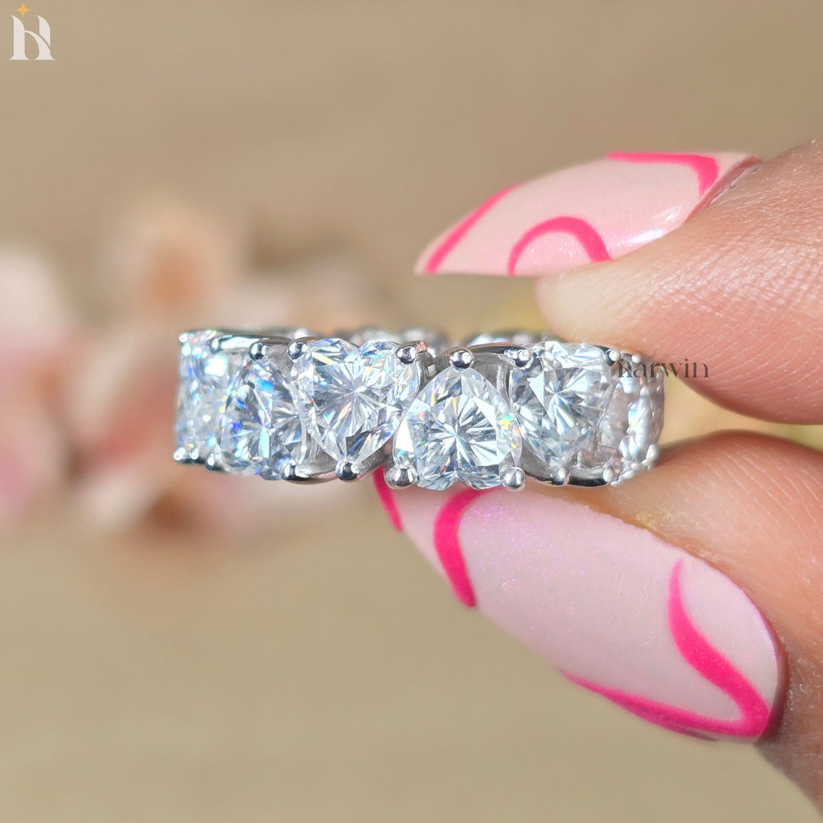5.5 MM Heart Cut Moissanite Full Eternity Band Wedding Ring