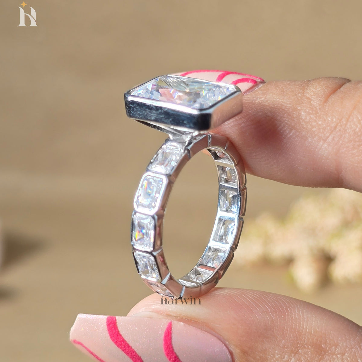 5CT Radiant Cut Moissanite Ring, Bezel Set Modern Solitaire Ring with Radiant Cut Band