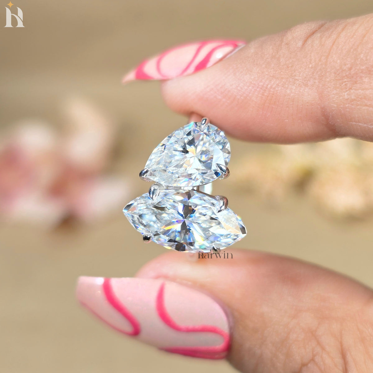 3CT Marquise & 2CT Pear Cut Moissanite Toi Et Moi Ring, Two Stone Engagement Ring