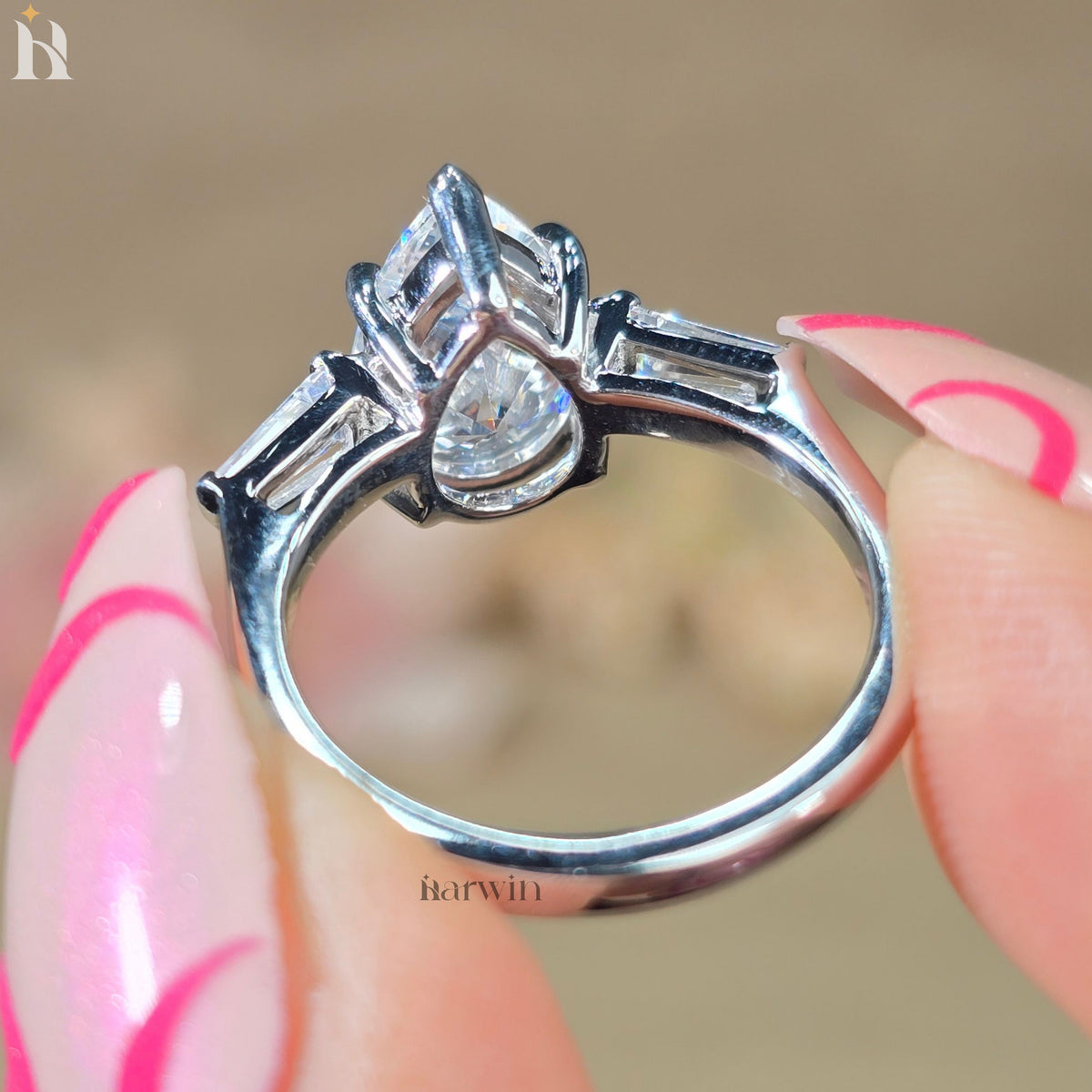 3CT Pear Cut Moissanite Engagement Ring, Tapered Baguette Side Stones