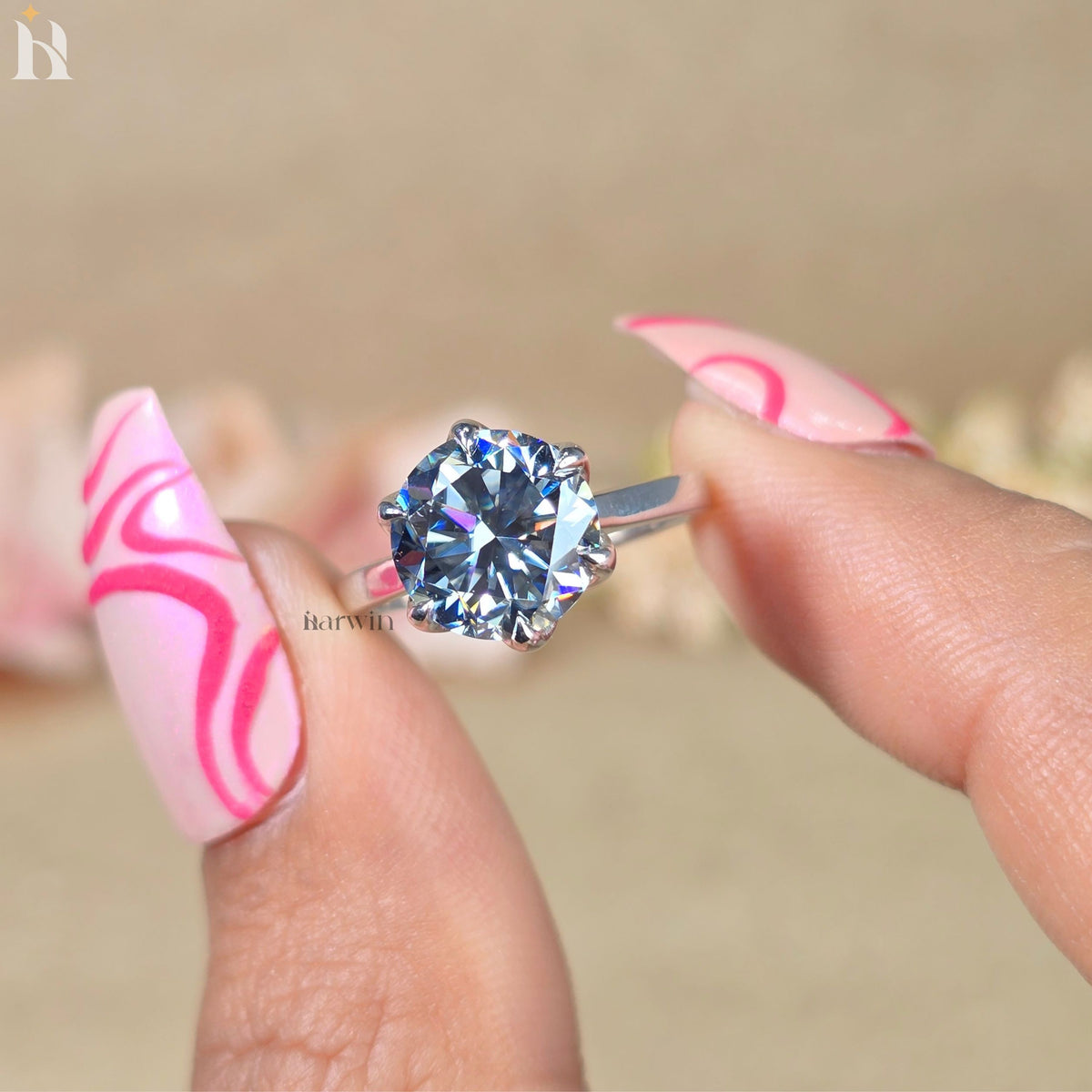 3CT Gray Round Cut Moissanite Anniversary Ring, Tulip Setting Solitaire in 14K White Gold Ring
