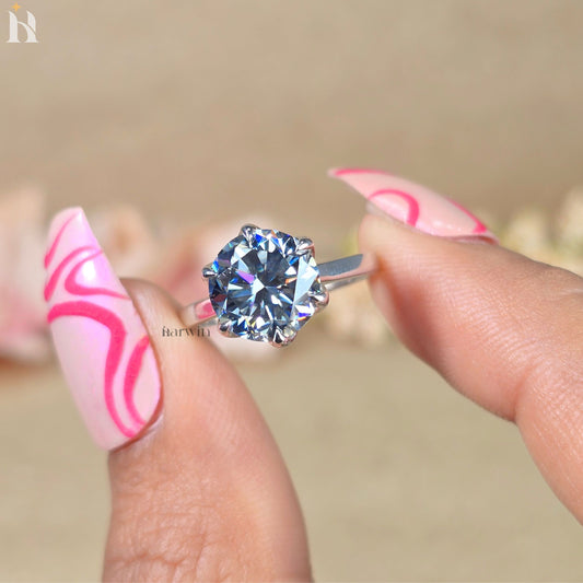 3CT Gray Round Cut Moissanite Anniversary Ring, Tulip Setting Solitaire in 14K White Gold Ring