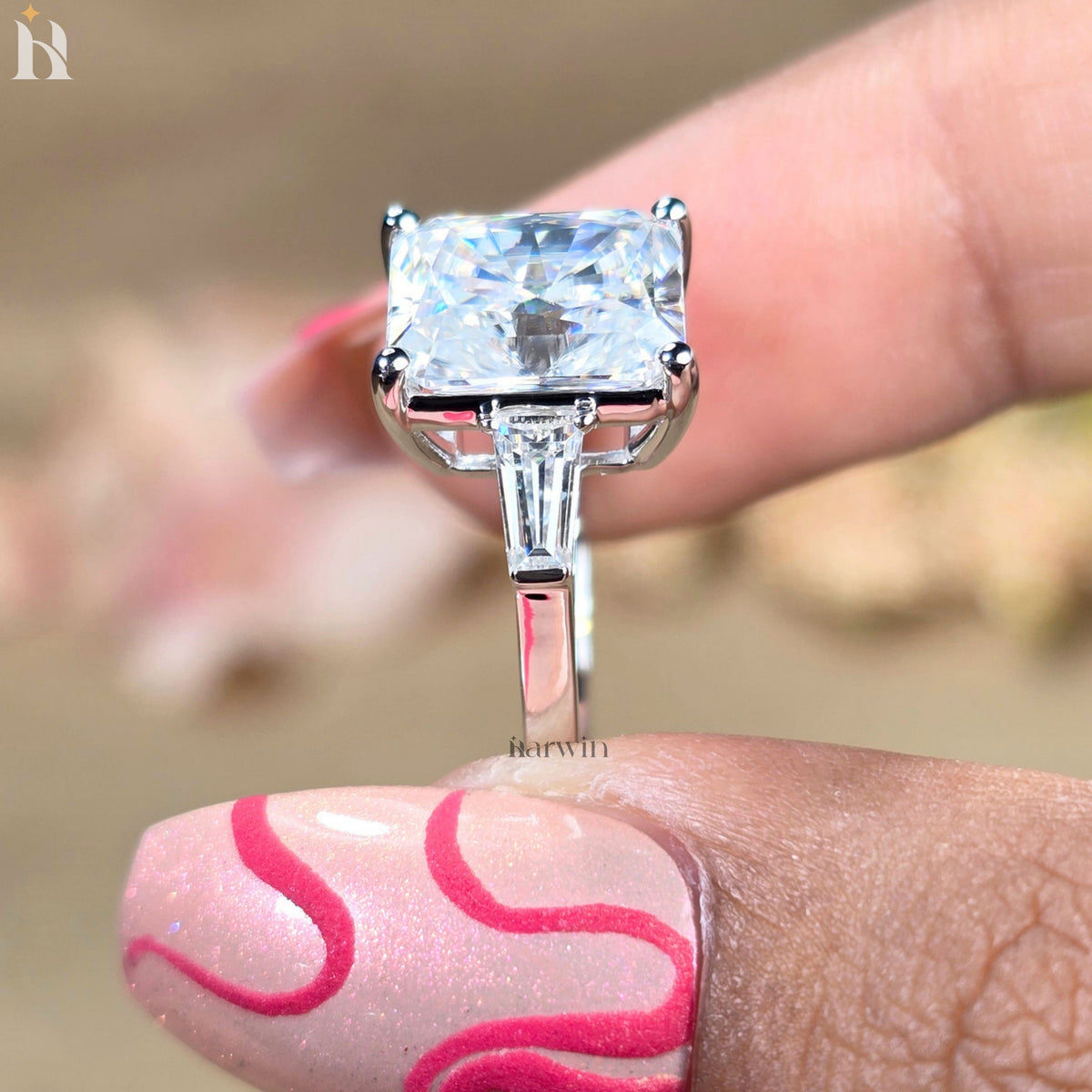 4CT Radiant Cut Moissanite Three Stone Ring Tapered Baguette White Gold Engagement Ring