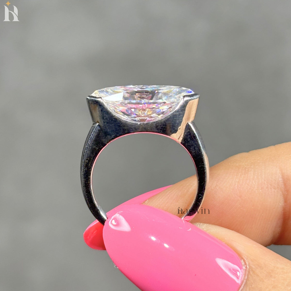 4CT Marquise Cut Lab Grown Diamond East-West Half Bezel Set Sterling Silver Solitaire Ring