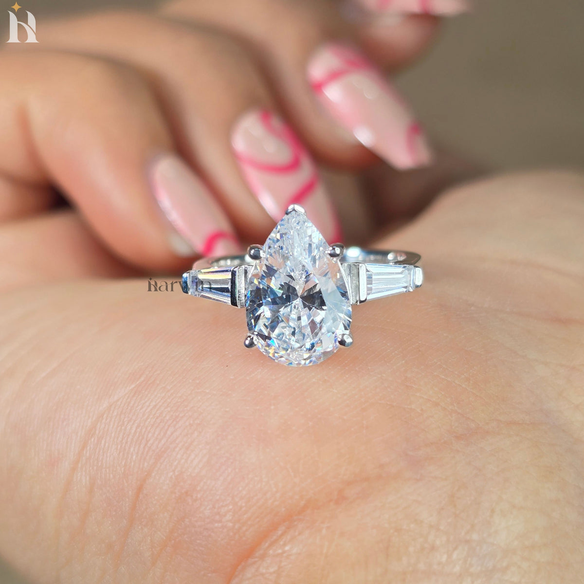 3CT Pear Cut Moissanite Engagement Ring, Tapered Baguette Side Stones