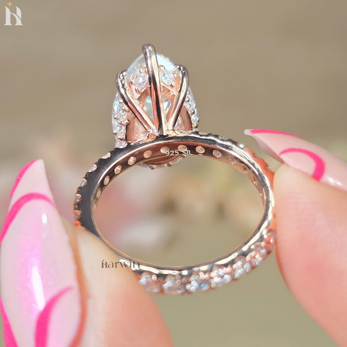 6CT Pear Moissanite Hidden Halo Engagement Piece 14k Rose Gold Pave Bridal Jewelry