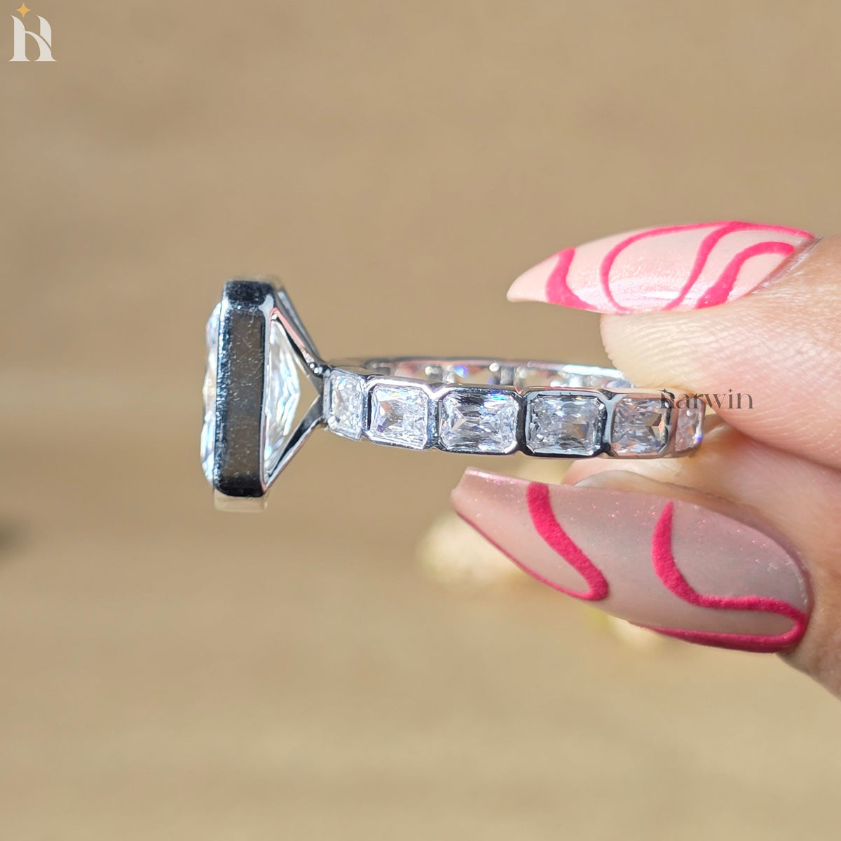 5CT Radiant Cut Moissanite Ring, Bezel Set Modern Solitaire Ring with Radiant Cut Band