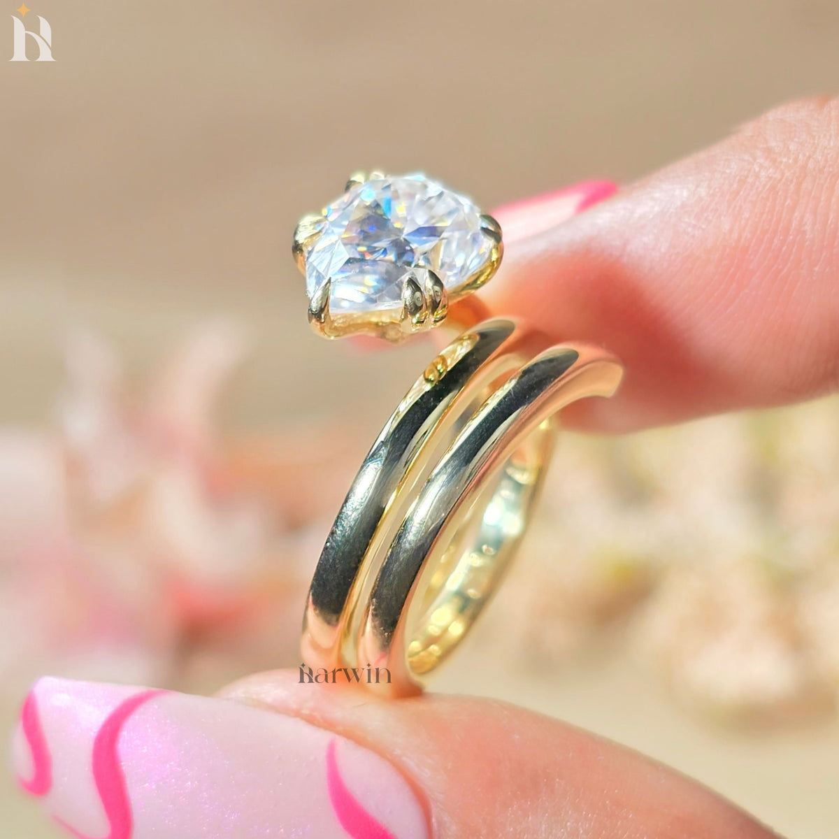 2.5CT Pear Moissanite Spiral Engagement Ring Gold Modern Bridal Ring