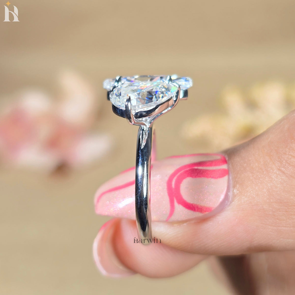 3CT Marquise & 2CT Pear Cut Moissanite Toi Et Moi Ring, Two Stone Engagement Ring