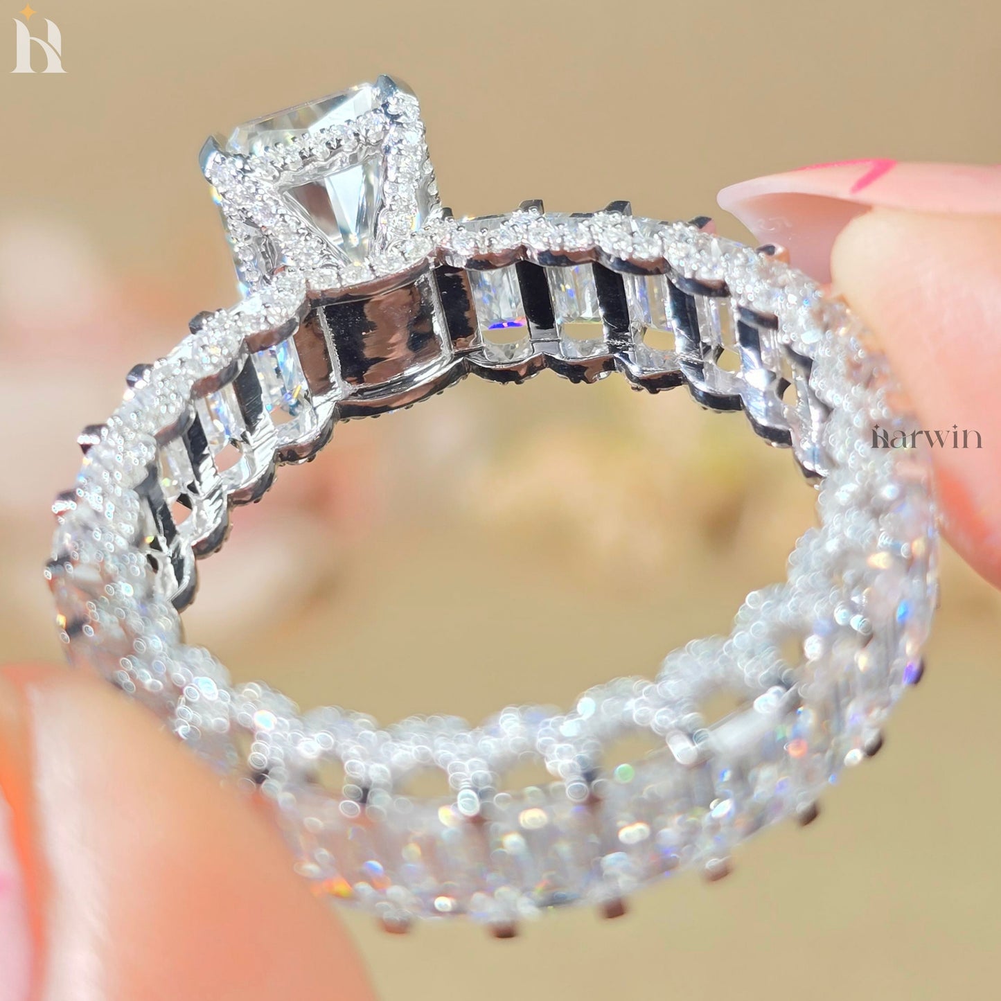 5CT Radiant Moissanite Engagement Ring Micro pave Eternity Band white Gold Heiress Wedding Set