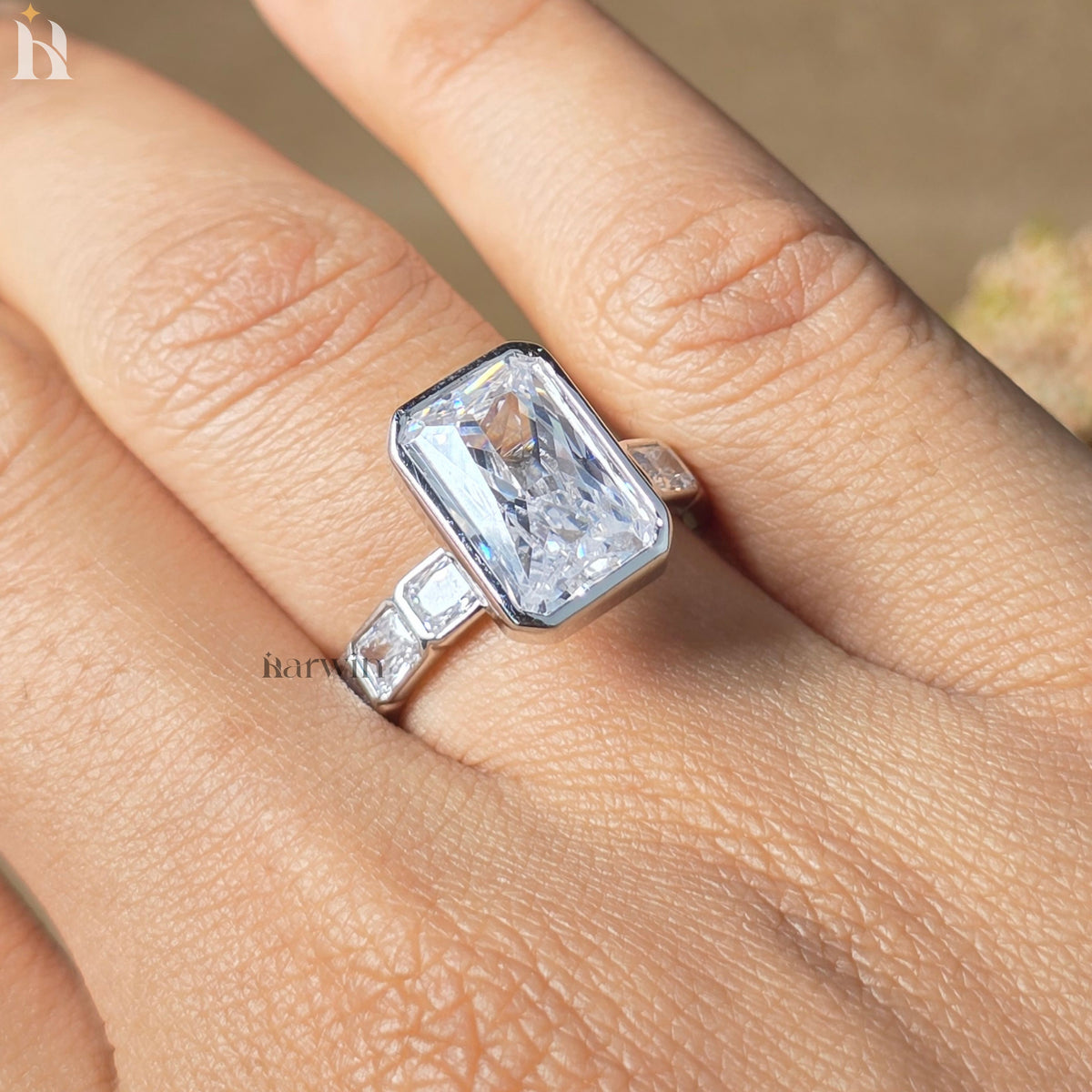 5CT Radiant Cut Moissanite Ring, Bezel Set Modern Solitaire Ring with Radiant Cut Band