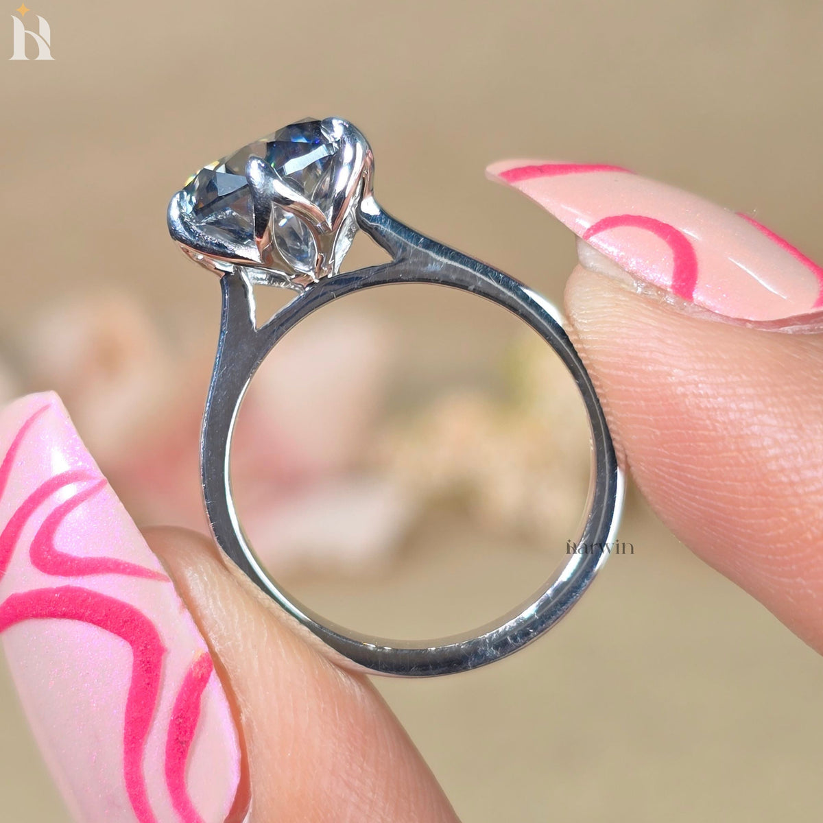 3CT Gray Round Cut Moissanite Anniversary Ring, Tulip Setting Solitaire in 14K White Gold Ring