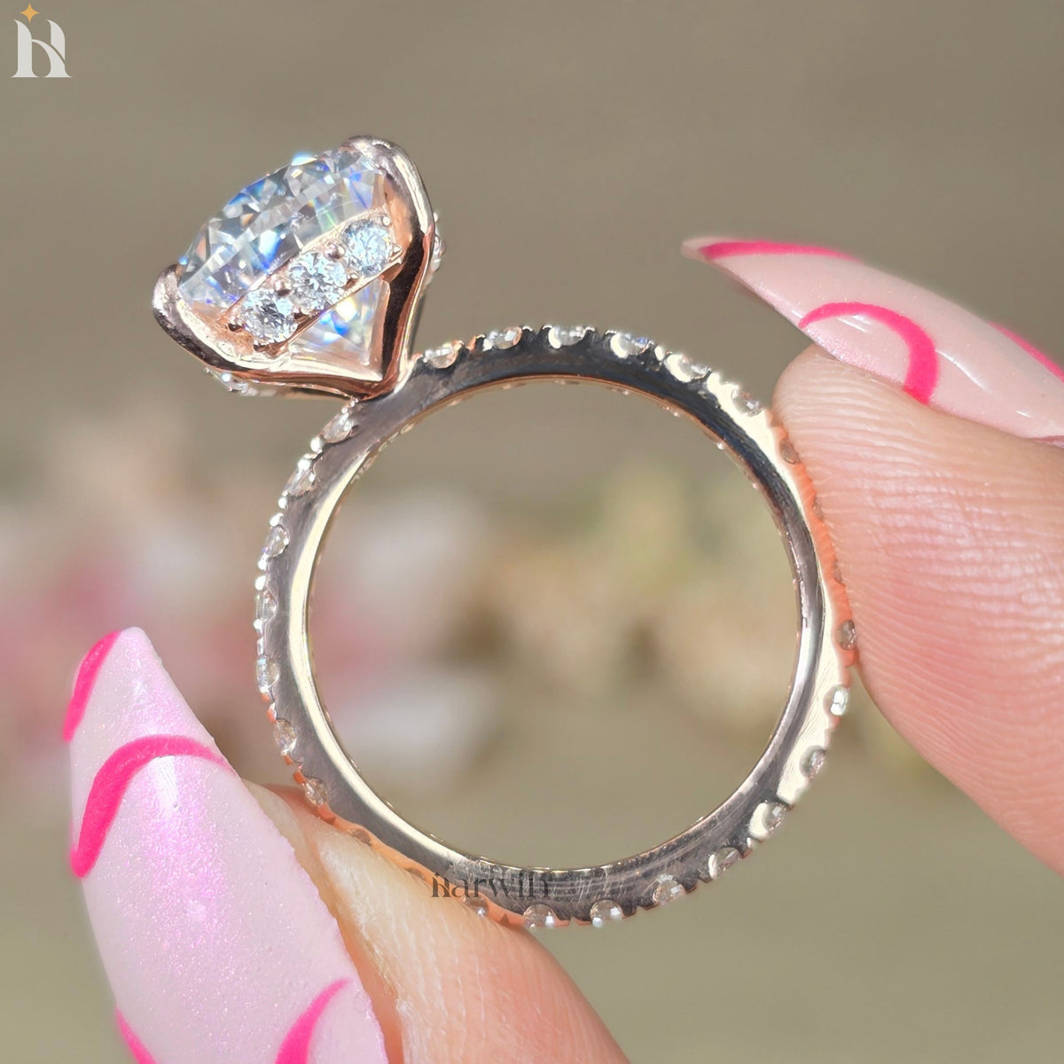 6CT Pear Moissanite Hidden Halo Engagement Piece 14k Rose Gold Pave Bridal Jewelry