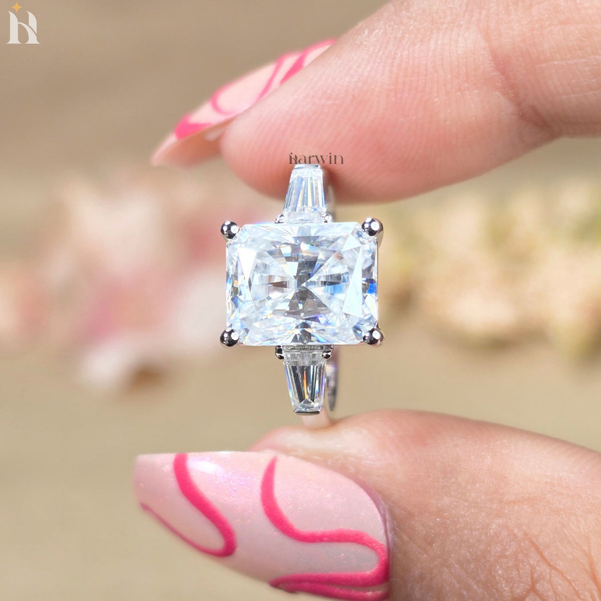 4CT Radiant Cut Moissanite Three Stone Ring Tapered Baguette White Gold Engagement Ring