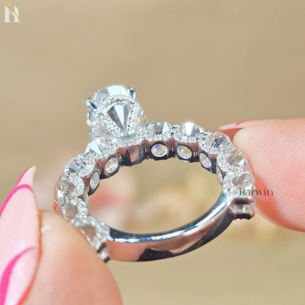 4 CT Oval Moissanite Halo Ring, 14K Solid White Gold Engagement Band
