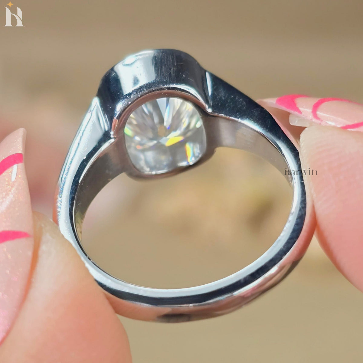 5CT Cushion Cut Moissanite Bezel Three Stone Ring Tapered Baguette Yellow Gold Engagement