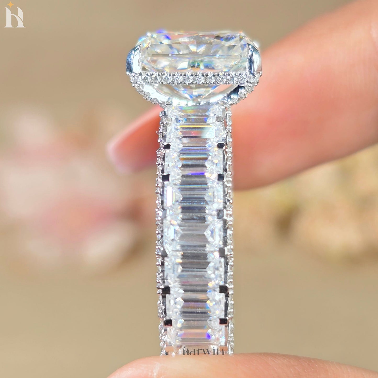 5CT Radiant Moissanite Engagement Ring Micro pave Eternity Band white Gold Heiress Wedding Set