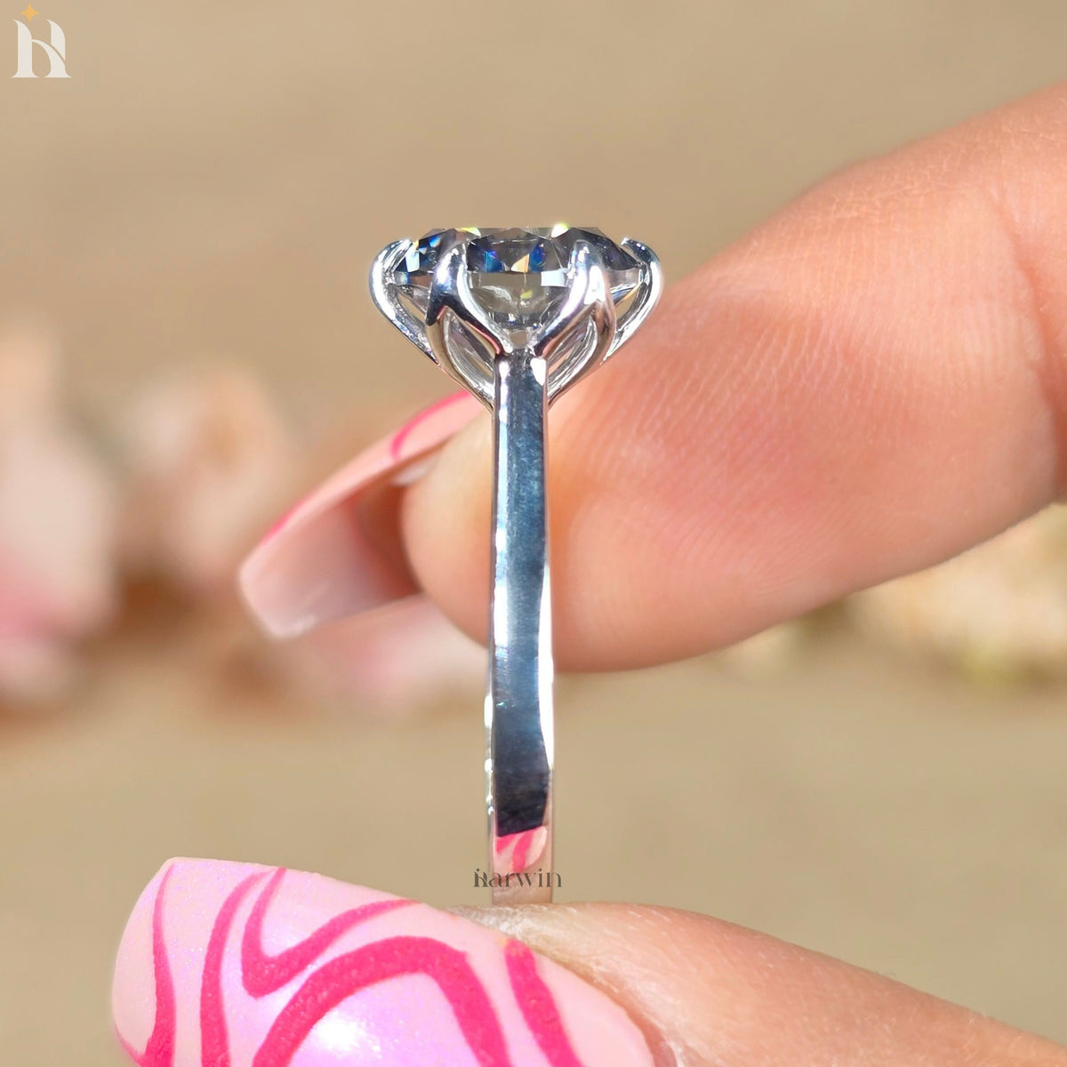 3CT Gray Round Cut Moissanite Anniversary Ring, Tulip Setting Solitaire in 14K White Gold Ring