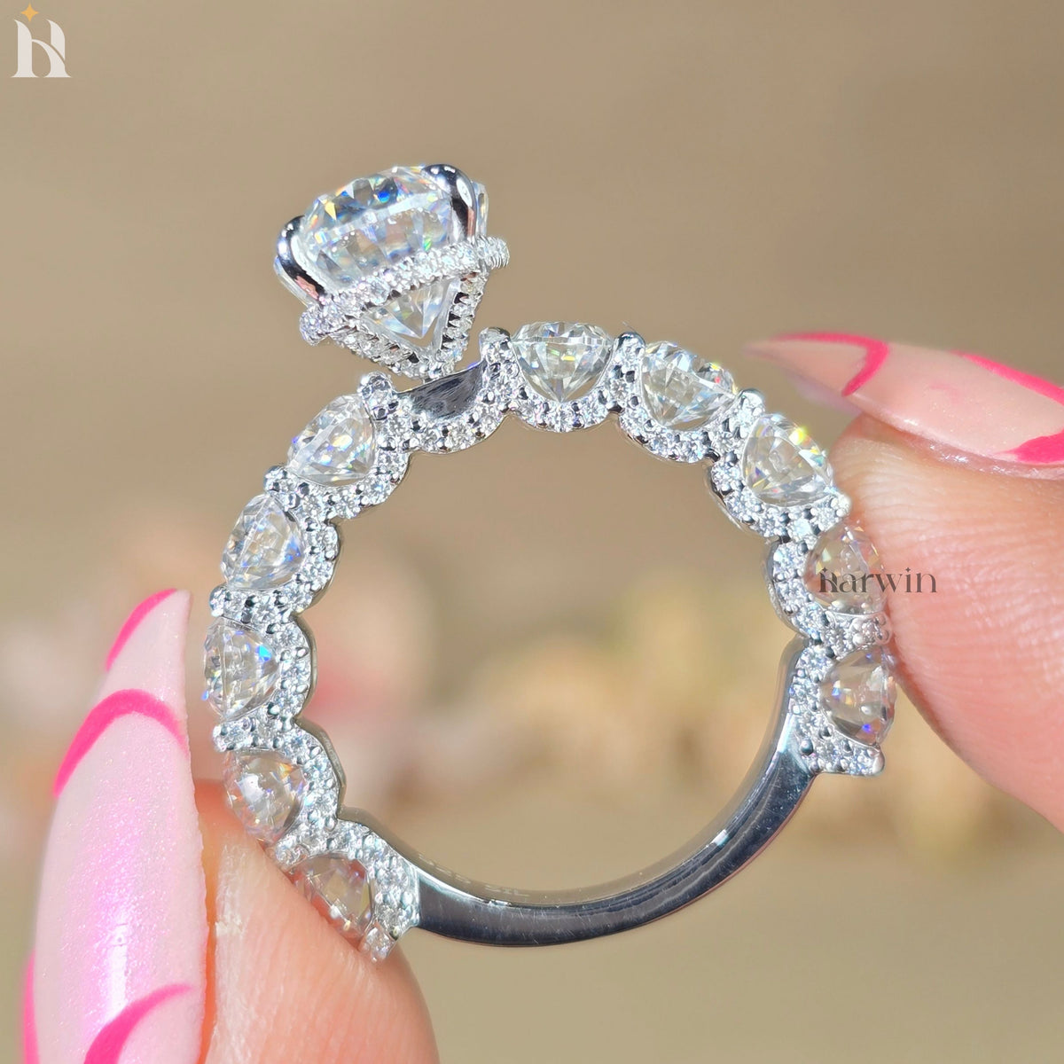 4 CT Oval Moissanite Halo Ring, 14K Solid White Gold Engagement Band