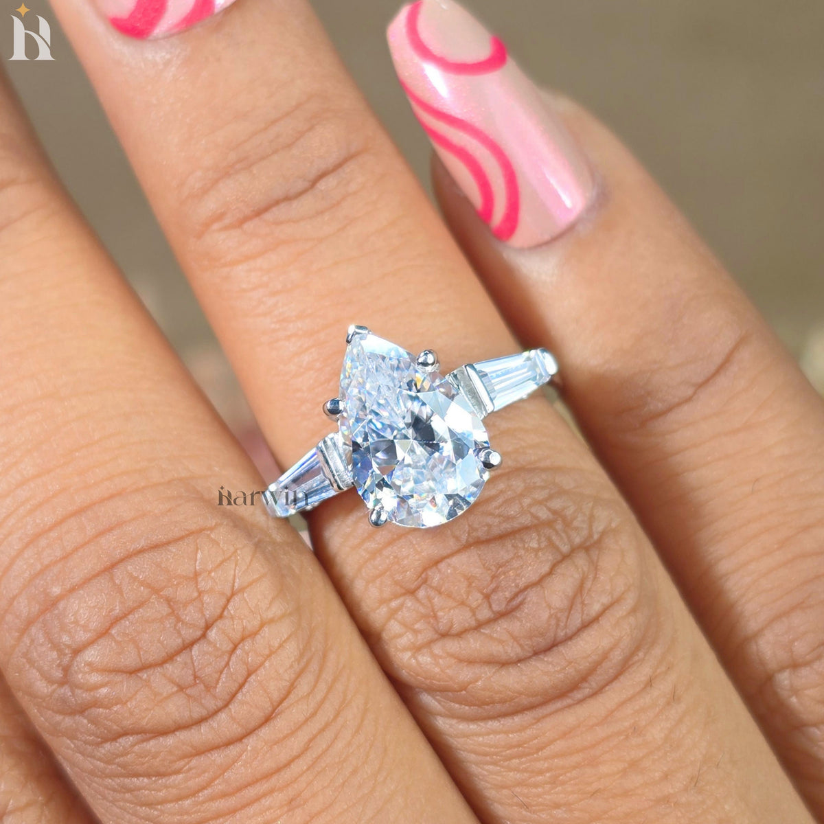 3CT Pear Cut Moissanite Engagement Ring, Tapered Baguette Side Stones