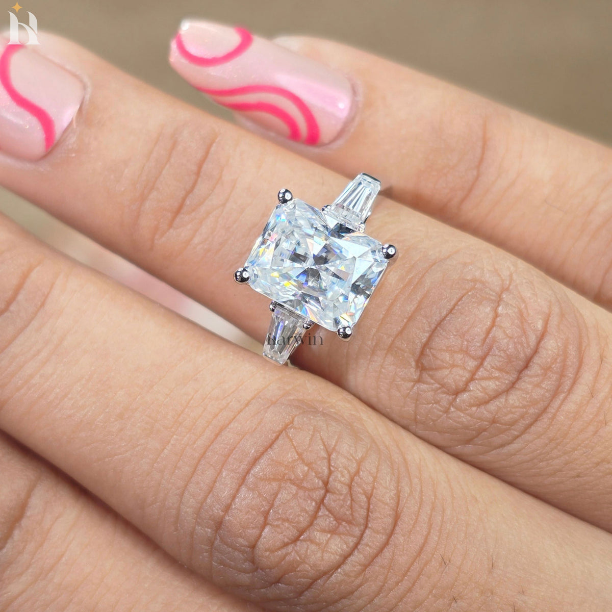 4CT Radiant Cut Moissanite Three Stone Ring Tapered Baguette White Gold Engagement Ring