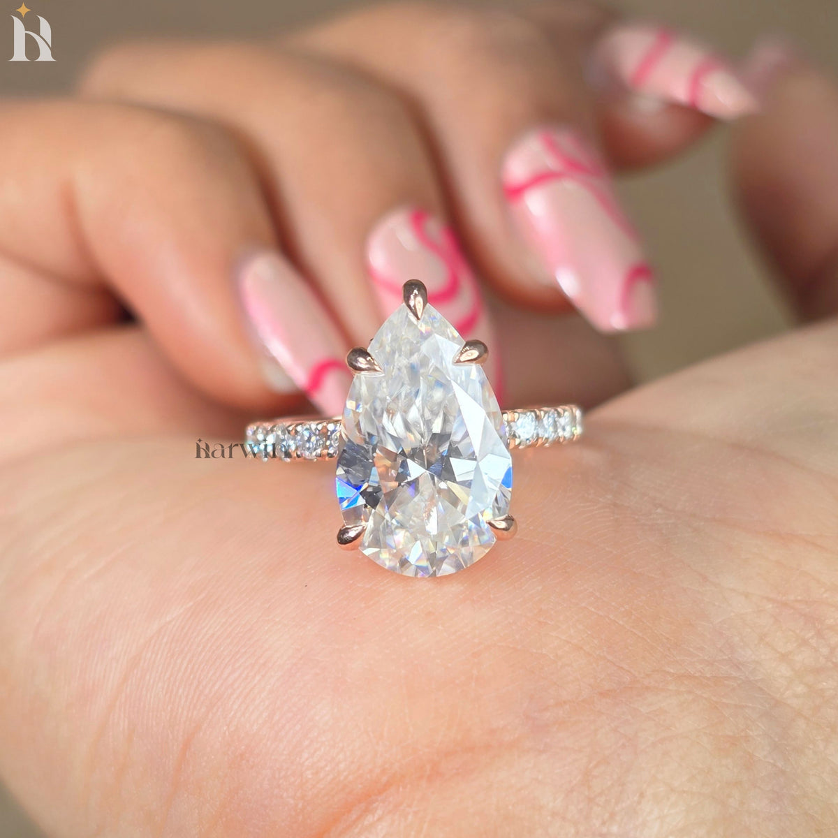 6CT Pear Moissanite Hidden Halo Engagement Piece 14k Rose Gold Pave Bridal Jewelry