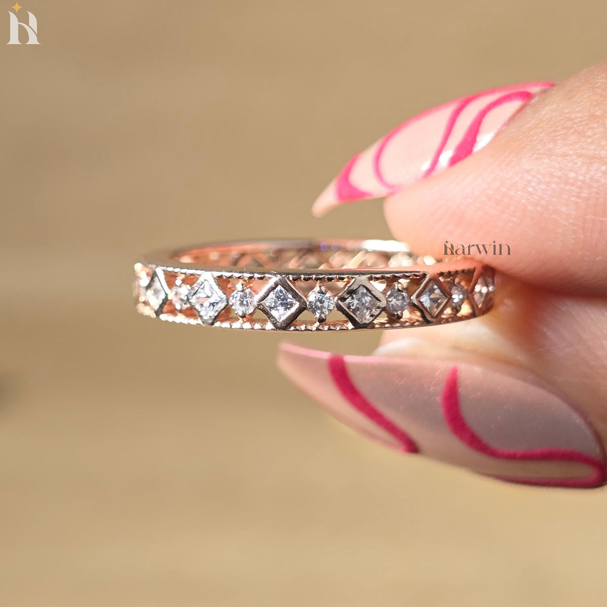 Princess & Round Cut Moissanite Art Deco Wedding Band, 14K Gold Stacking Style Bridal Ring