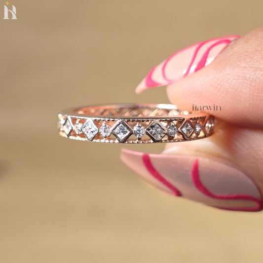 Princess & Round Cut Moissanite Art Deco Wedding Band, 14K Gold Stacking Style Bridal Ring