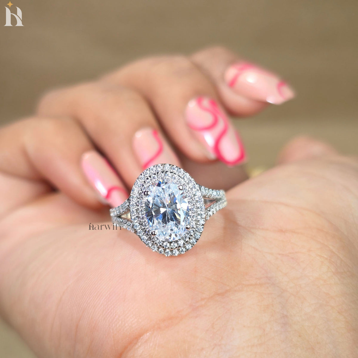 Double Halo Oval Center Stone Engagement Ring Bridal Diamond Ring