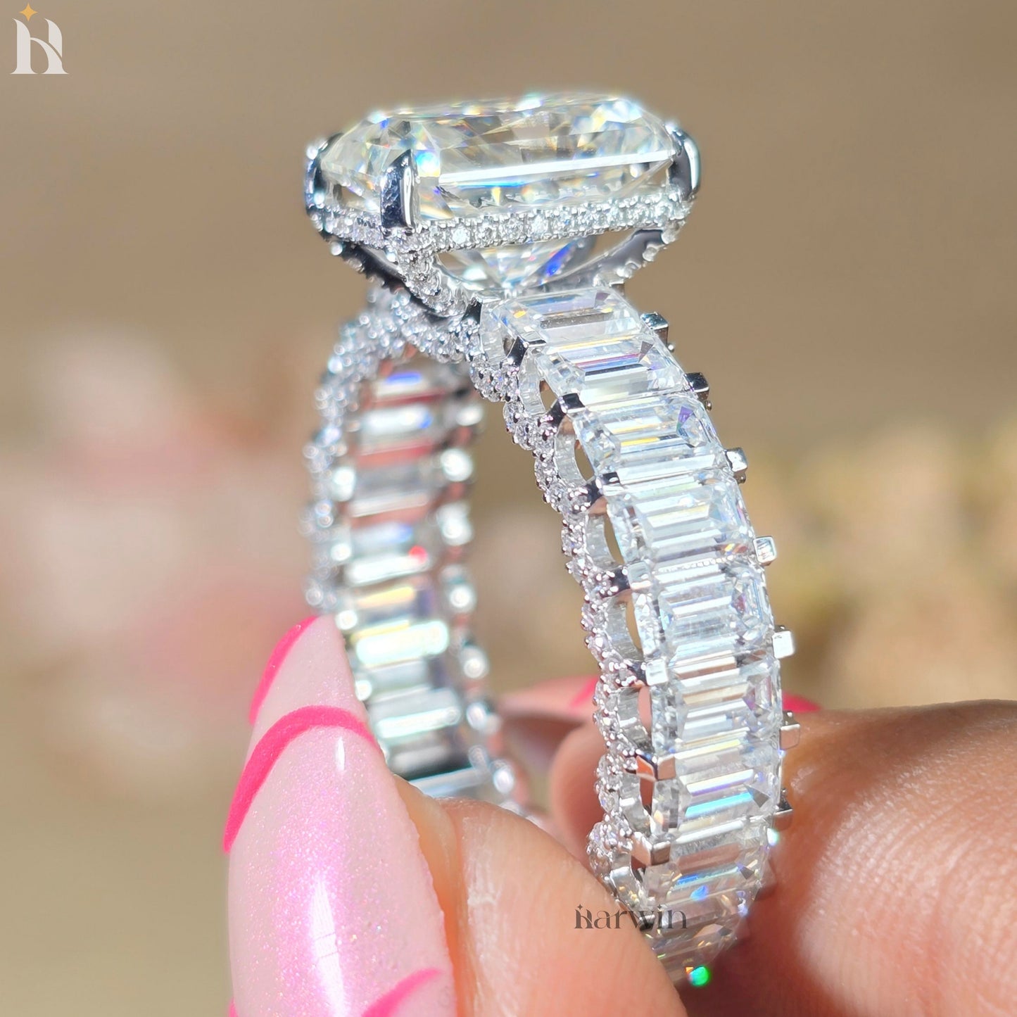 5CT Radiant Moissanite Engagement Ring Micro pave Eternity Band white Gold Heiress Wedding Set