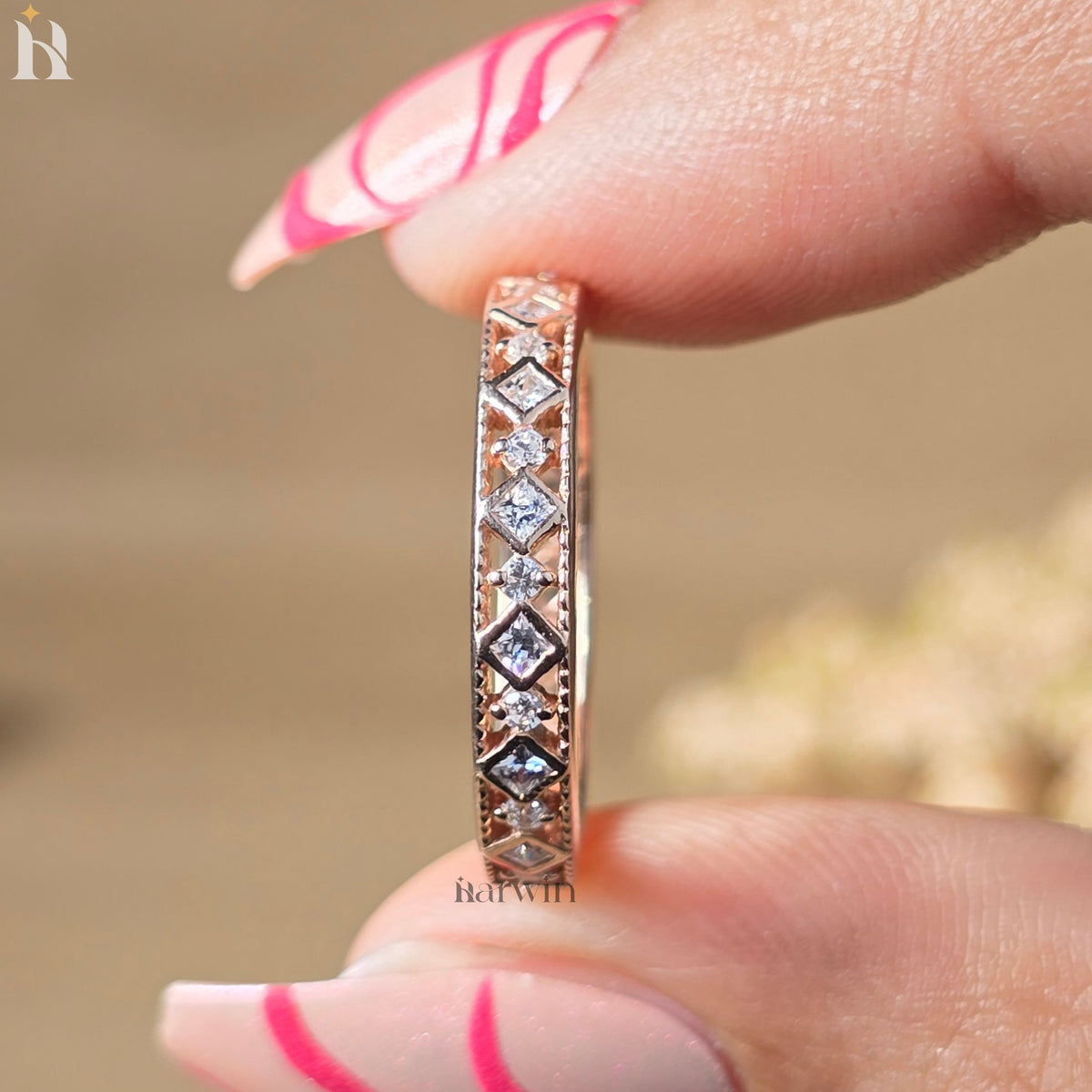 Princess & Round Cut Moissanite Art Deco Wedding Band, 14K Gold Stacking Style Bridal Ring