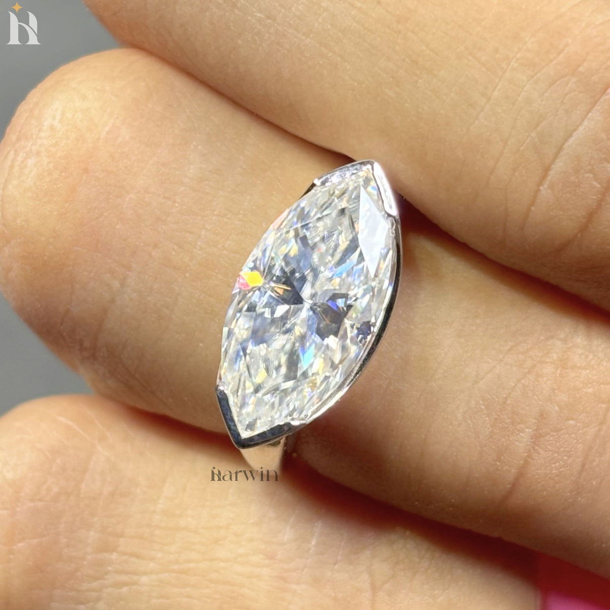 4CT Marquise Cut Lab Grown Diamond East-West Half Bezel Set Sterling Silver Solitaire Ring