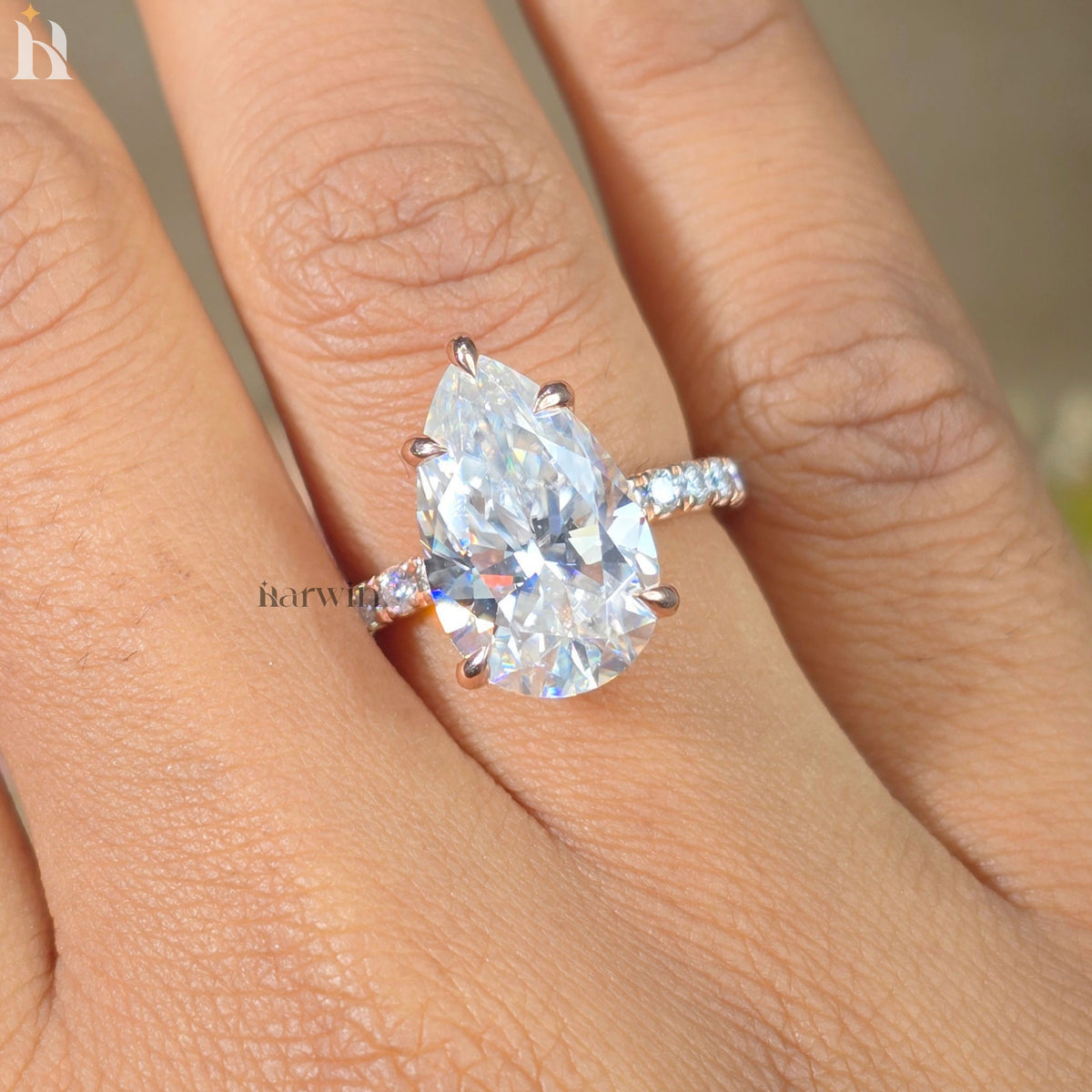 6CT Pear Moissanite Hidden Halo Engagement Piece 14k Rose Gold Pave Bridal Jewelry