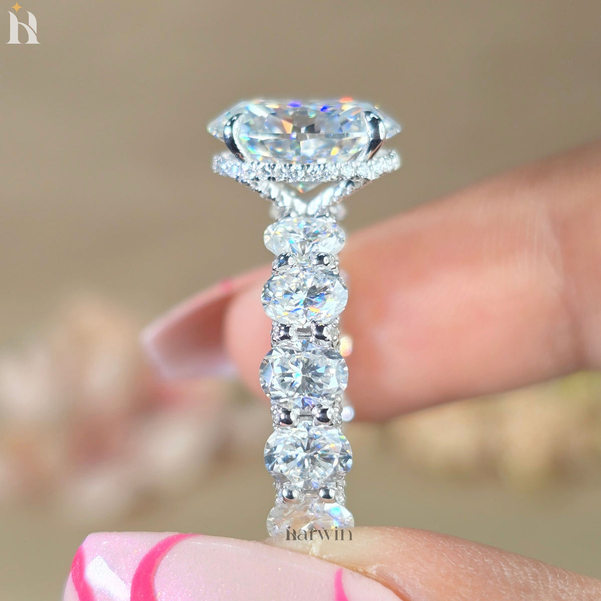 4 CT Oval Moissanite Halo Ring, 14K Solid White Gold Engagement Band