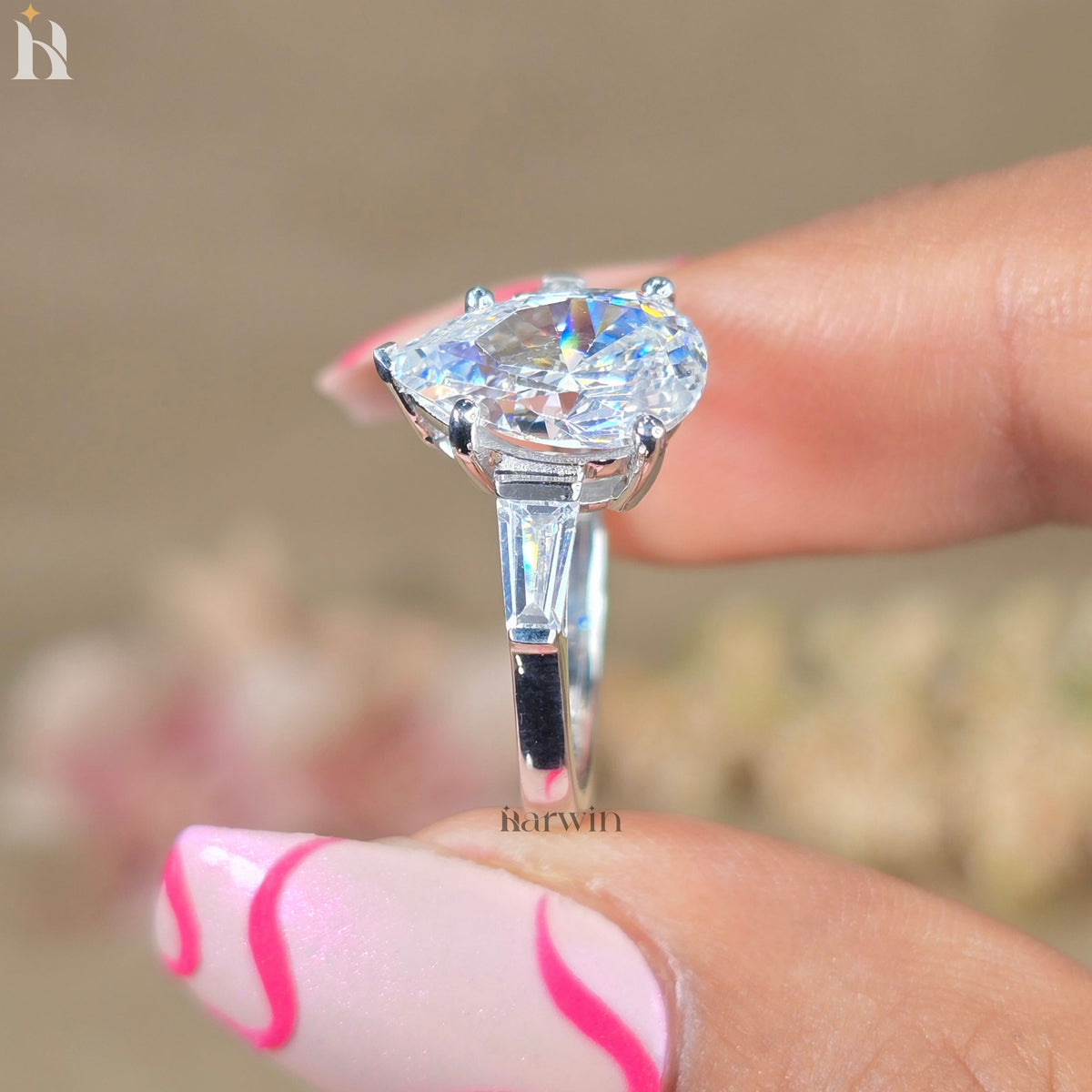 3CT Pear Cut Moissanite Engagement Ring, Tapered Baguette Side Stones