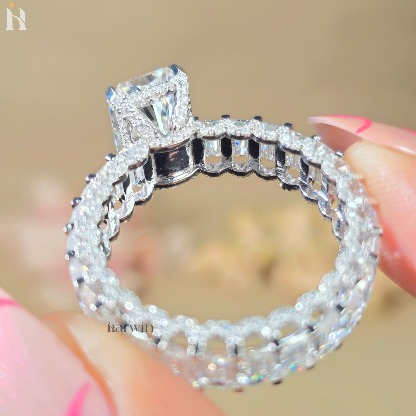 5CT Radiant Moissanite Engagement Ring Micro pave Eternity Band white Gold Heiress Wedding Set