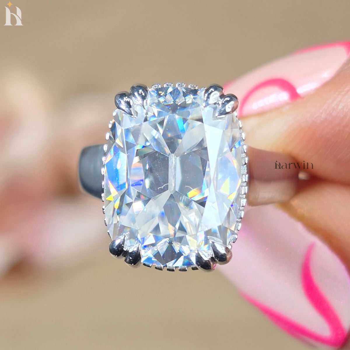 11 CT Cushion Cut Moissanite Engagement Ring with Bezel Setting